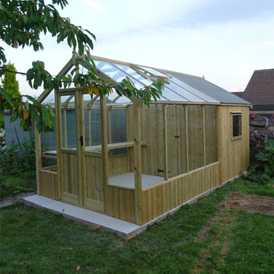 light coloured wood shed greenhouse combination
