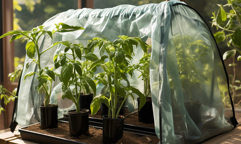 small growbag greenhouse with chilli plants