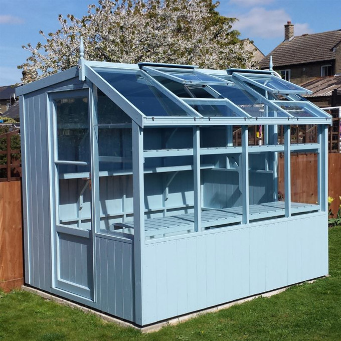 blue painted Swallow Jay potting shed greenhouse