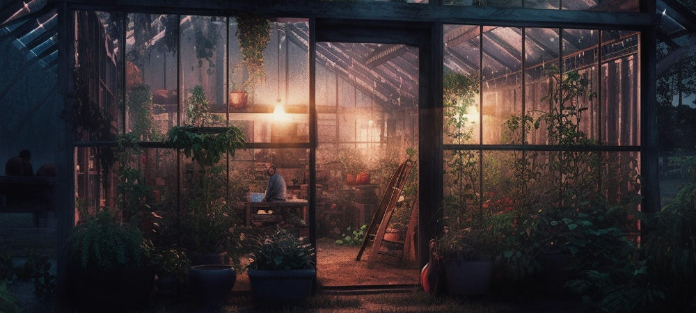 warm greenhouse lights at night