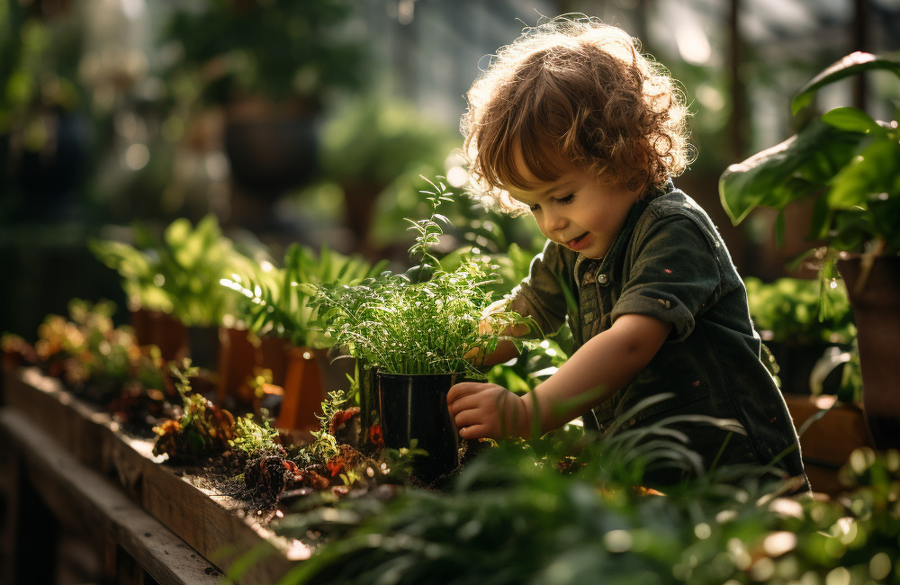 child planting in greenhouse