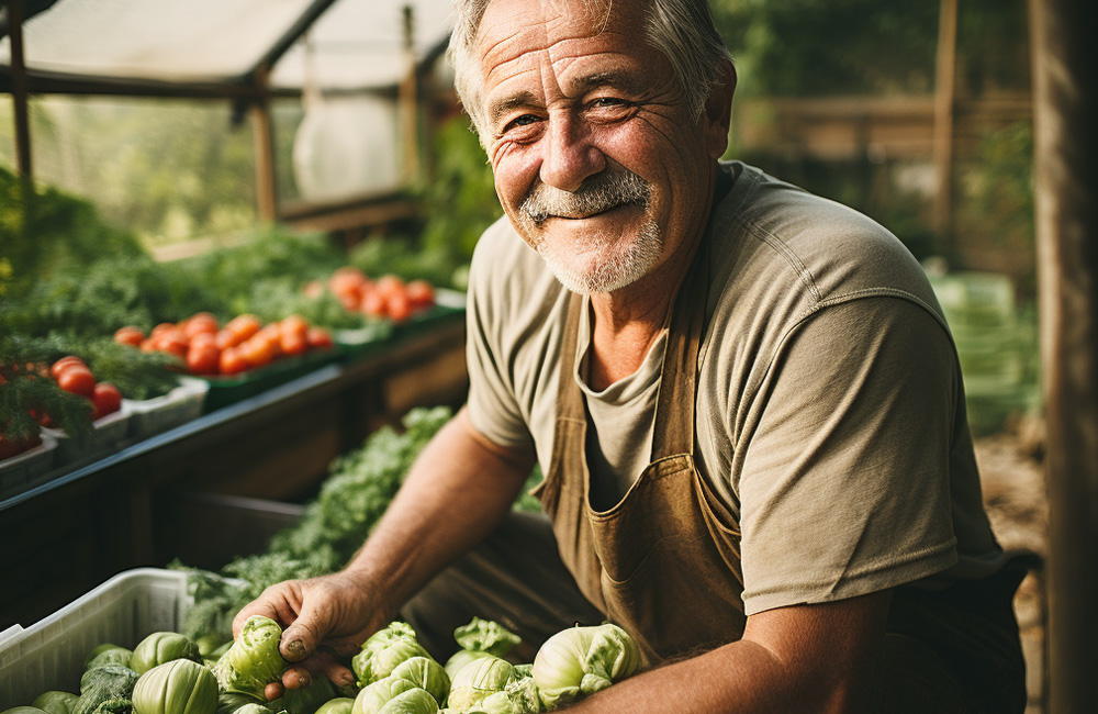 man happy about vegetable harvest from greenhouse