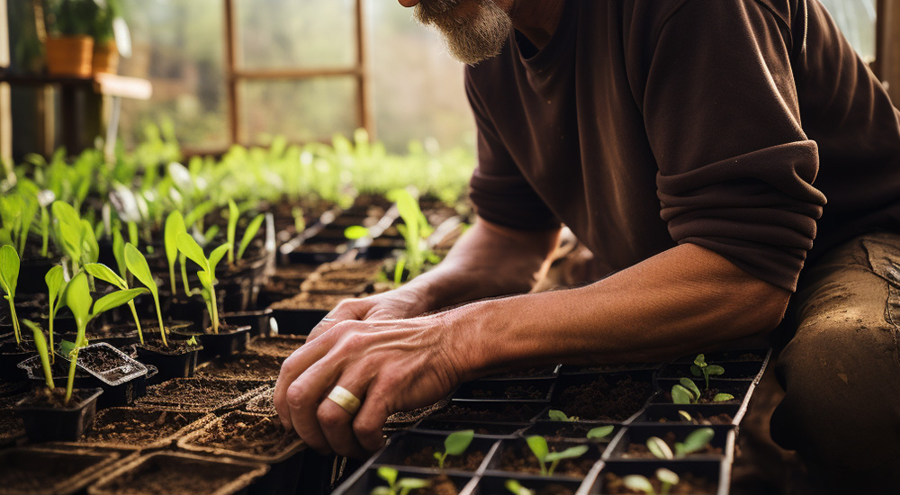 man planting peas in greenhouse