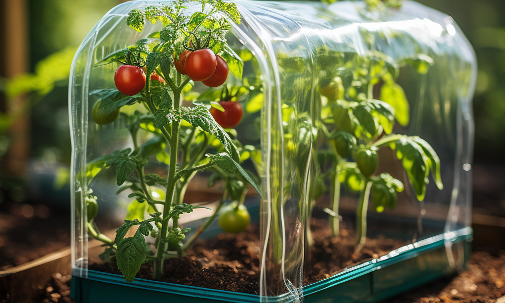 mini growbag greenhouse with tomatoes