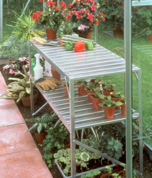 Greenhouse Aluminium StagingHalls Slatted Staging in Green 